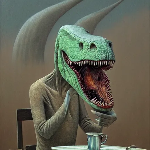 Image similar to A dinosaur drinking coffee, by alex grey, by Esao Andrews and Karol Bak and Zdzislaw Beksinski and Zdzisław Beksiński, trending on ArtStation