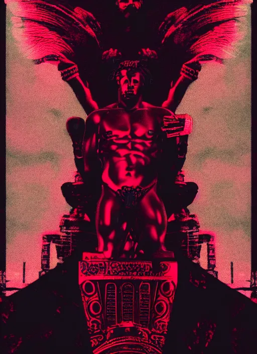 Image similar to black background with subtle red and purple design elements, statue of hercules, nekro, graphic design, collage art, thin lines, dark, glitch art, neo vaporwave, gritty, layout frame, trending on artstation
