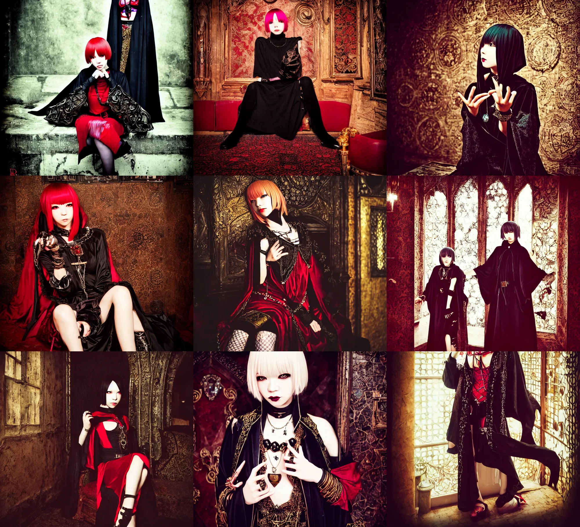 Prompt: lomography, full body portrait photo of women like reol from a distance as a warlock wearing ornate gems and black robe sitting in a medieval fantasy cafe interior, moody, realistic, dynamic perspective pose, skin tinted a warm tone, hdr, rounded eyes, detailed facial features, red black gold