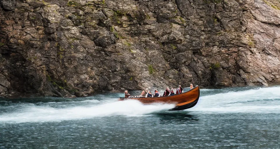 Image similar to a speedboat designed like a viking ship sailing down a river, f / 2. 8, motion blur