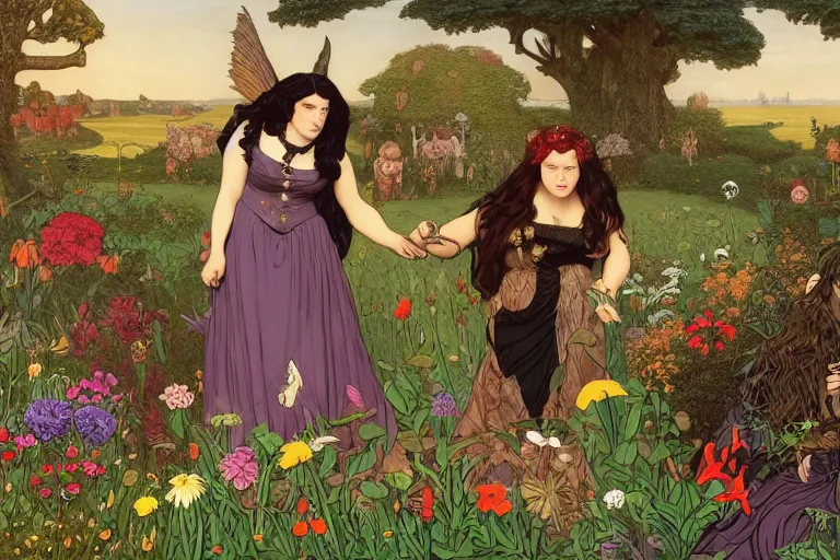 Prompt: hagrid the viking and morticia addams frolicking in a field of various flowers, fairy garden, masterpiece, highly detailed, oil on canvas, art by kilian eng and frederic leighton and rosetti