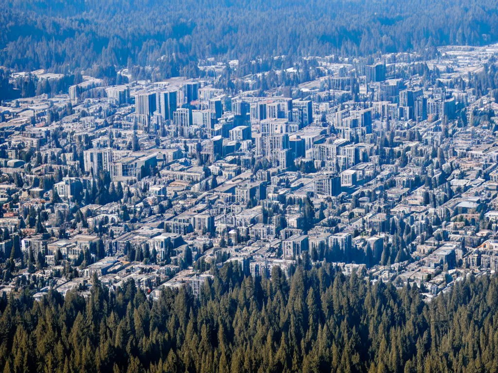 Prompt: bird's eye view photo of a metropolis highrise city, redwood forest separating from industrial district