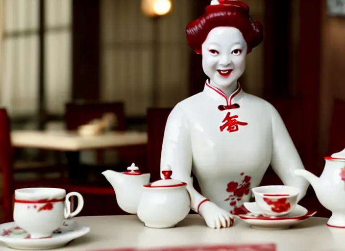 Prompt: movie still of a woman made out of porcelain sitting at a table in a cafe, wearing a red cheongsam, smooth white skin, creepy smile, tea set in foreground, directed by Guillermo Del Toro