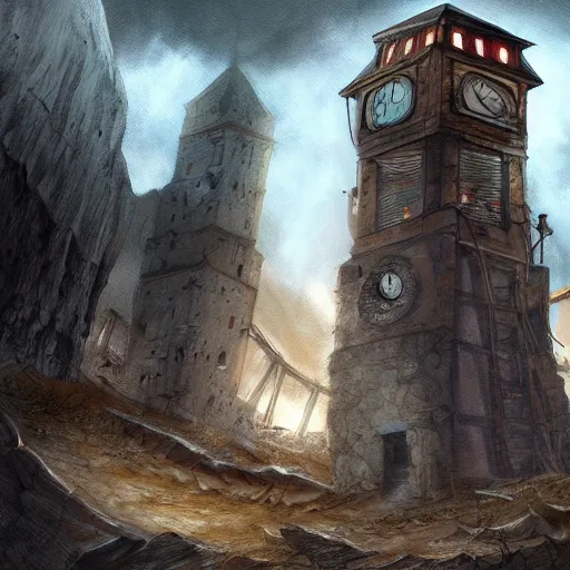 Image similar to an abandoned old,rusty, clock tower in a dark enormous cave, painting, illustration, Concept art, art station, DeviantArt