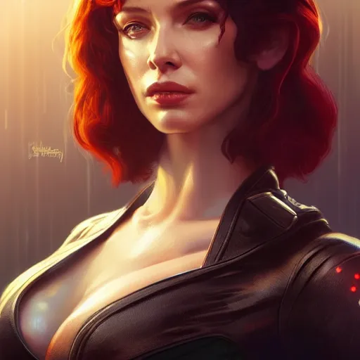 Image similar to christina hendricks in cyberpunk 2 0 7 7, intricate, elegant, highly detailed, digital painting, artstation, concept art, smooth, sharp focus, illustration, art by artgerm and greg rutkowski