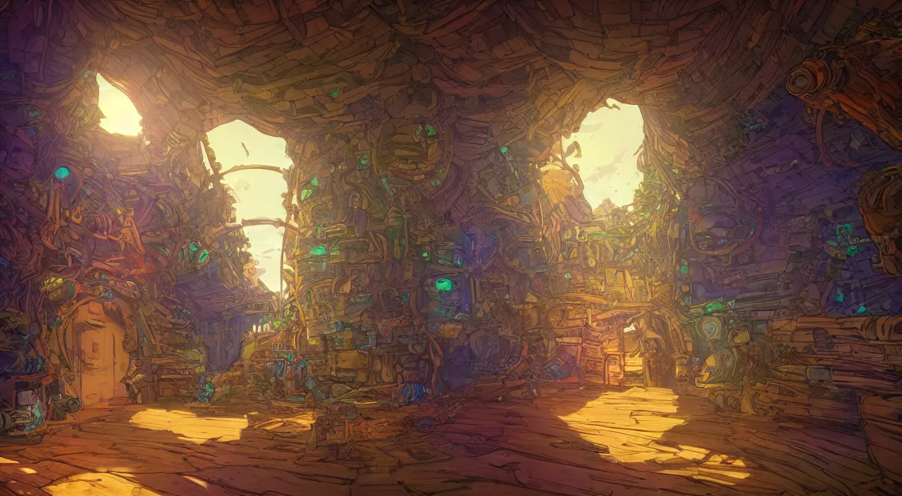 Image similar to open door wood wall fortress airship greeble block amazon jungle on portal unknow world ambiant fornite colorful radiating a glowing aura global illumination ray tracing hdr that looks like it is from borderlands and by feng zhu and loish and laurie greasley, victo ngai, andreas rocha, john harris