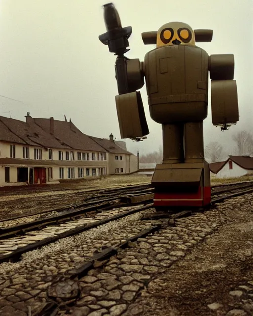 Image similar to giant oversized chubby bulky armored train penguin robot mech, with big penguin head , rocket launcher , on a village , Cinematic focus, fujicolor photo, vintage, neutral colors, soft lights, foggy, panorama by by Serov Valentin, by lisa yuskavage, by Andrei Tarkovsky