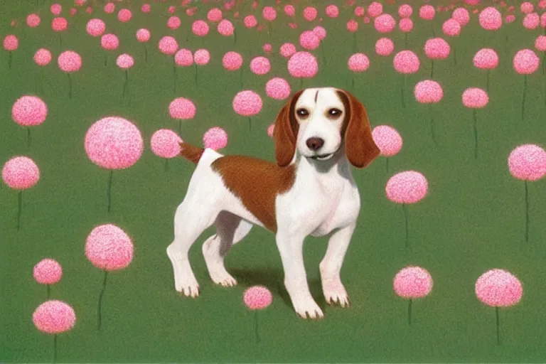 Image similar to white and brown beagle dog playing in a full of pink flowers, by Quint Buchholz, light pastel colors, detailed, bright daylight, happy