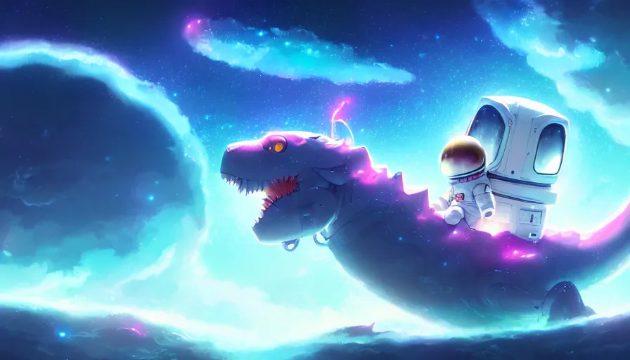 Image similar to a still of a cute kawaii astronaut android riding a large neon kaiju dragon, a detailed and dynamic outer space bsckground, a dramatic composition by wlop and greg rutkowski and makoto shinkai and studio ghibli and kyoto animation cute bubbly clothing, highly detailed, digital painting, matte