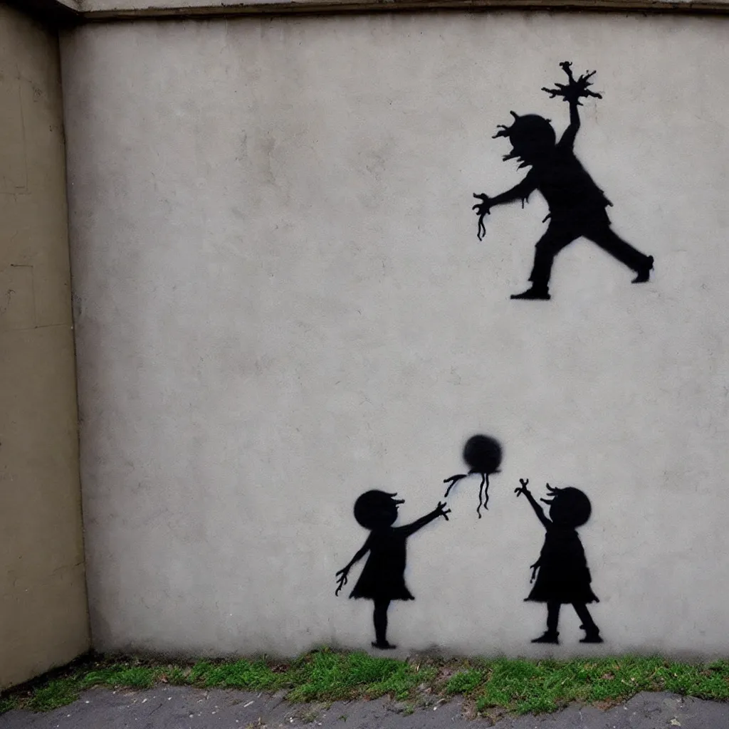 Prompt: famous wall graffiti by banksy