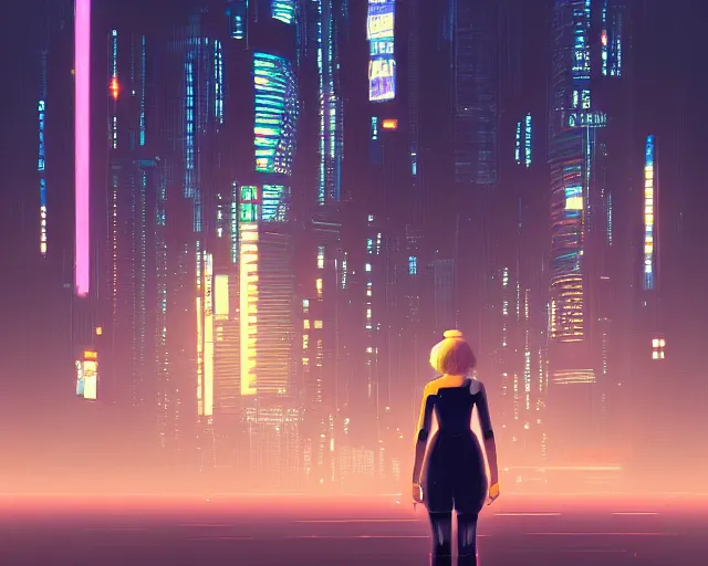 Image similar to a woman standing in front of a city at night, cyberpunk art by ilya kuvshinov, cgsociety, retrofuturism, ilya kuvshinov, artstation hd, artstation hq