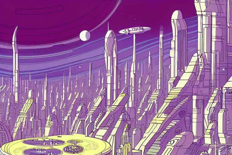 Prompt: a scifi illustration, Galactic City on Coruscant. flat colors, limited palette, heavy line work in FANTASTIC PLANET La planète sauvage animation by René Laloux