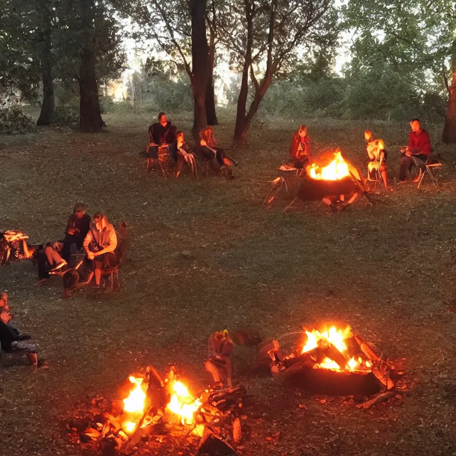 Prompt: a nice evening around the camp fire, friends are drinking and laughing, there is something behind the tree