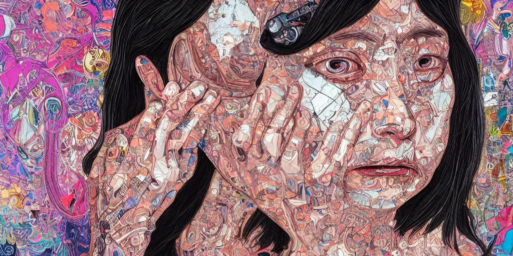 Image similar to full view portrait of cyborg woman crying, in the style of jin kagetsu and james jean, background by beatriz milhazes, highly detailed, face symmetry, masterpiece, sharp focus, realistic intricate concept art, dramatic lighting, 8 k