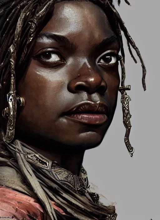 Prompt: black arya stark as himba, intricate, elegant, highly detailed, artstation, concept art, sharp focus, ruan jia, jurgens, orientalism, mucha
