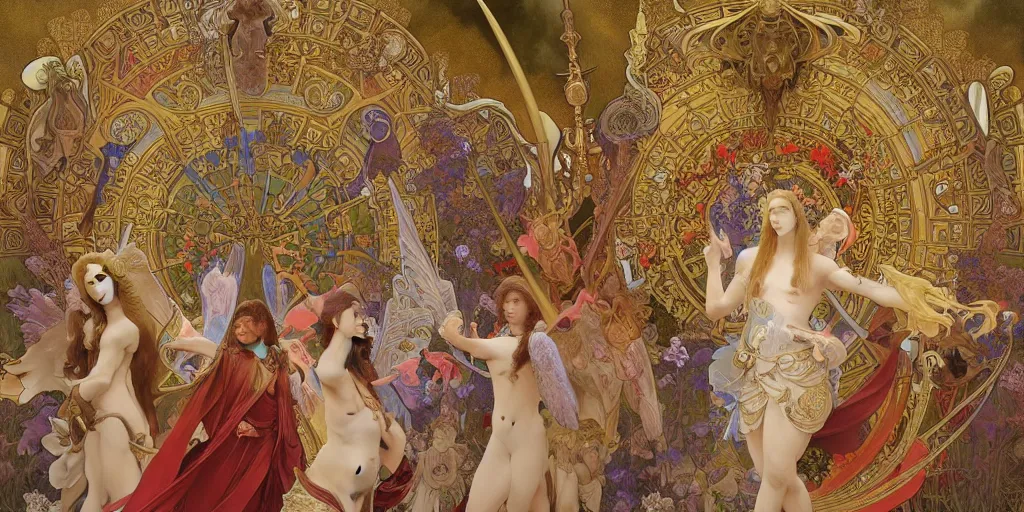 Image similar to 3 d rendered scene of the battle of angels and demons at the entrance to the fractal palace of cosmos painting of alphonse maria mucha made in unreal engine hyper realistic