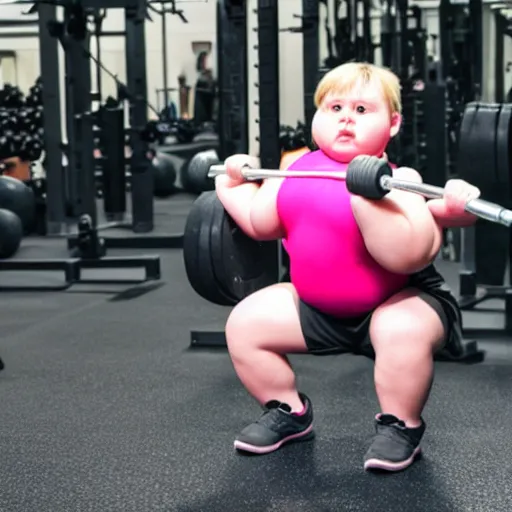 Image similar to a morbidly obese toddler lifting weights at the gym