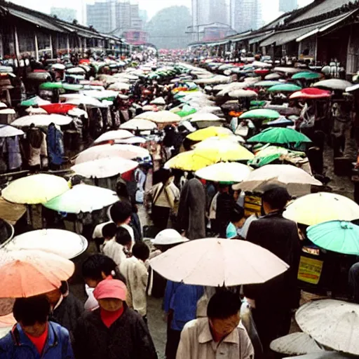 Prompt: A busy wet market in Hangzhou in the 1990s