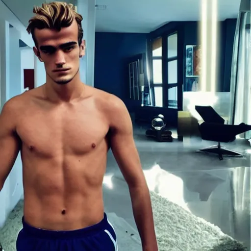 Image similar to a realistic detailed photo of a guy who is an attractive humanoid who is half robot and half humanoid, who is a male android, soccer player antoine griezmann, shiny skin, posing like a statue, blank stare, in a living room, on display, showing off his muscles