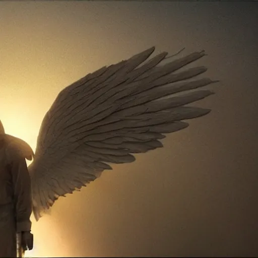 Prompt: an angel that lost its wings in war, foggy, sun rays, cinematic shot, photo still from movie by denis villeneuve, wayne barlowe