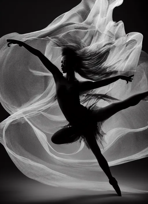 Image similar to a Photorealistic dramatic hyperrealistic render of a glamorous beautiful Female smoke dancer by Ken Brower and Deborah Ory of NYC Dance project,Lois Greenfield,Flowing cloth and smoke,Beautiful dynamic dramatic dark moody lighting,volumetric,shadows,cinematic atmosphere,Octane render,8K