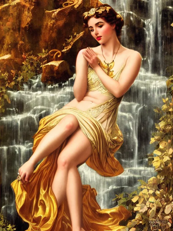 Image similar to Ana de armas as the Roman goddess of the waterfall, a beautiful art nouveau portrait by Gil elvgren, Roman temple environment, centered composition, defined features, golden ratio, gold jewlery, photorealistic professional lighting, cinematic