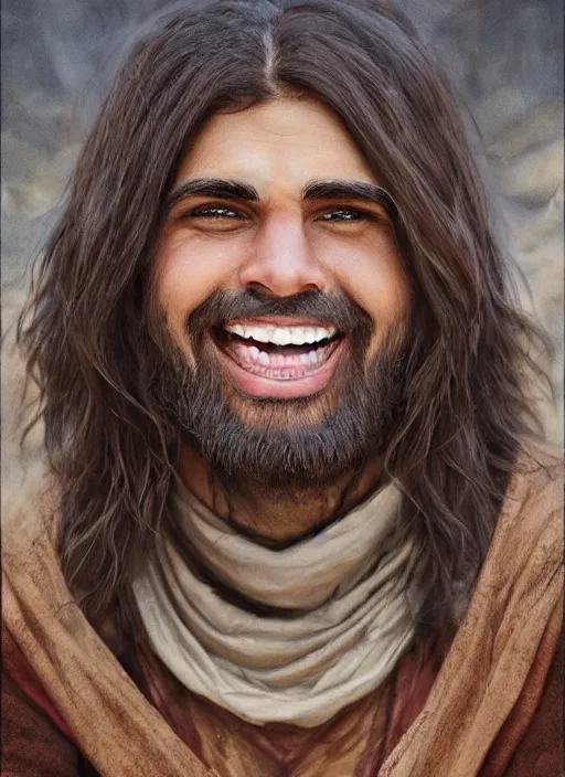 Image similar to a brown haired young tauren with stubble, short hair, wearing brown robes, smiling, close up, portrait style, wisdom, photographic print, artgerm, hyper - realistic