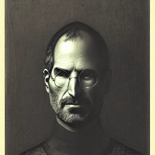 Image similar to portrait of steve jobs dramatic lighting by gustave dore and giger, museum print from copper plate etching, artstation