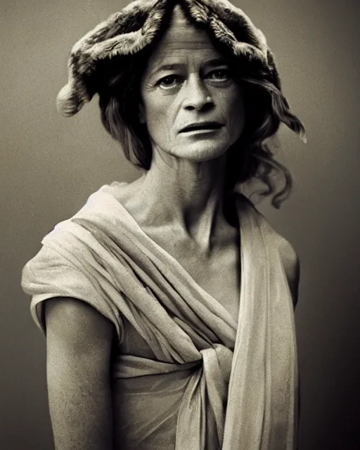 Image similar to The beautiful young actress Charlotte Rampling as the greek Fate Clotho, one of the weavers of Destiny, photographed in the Style of Annie Leibovitz , studio lighting