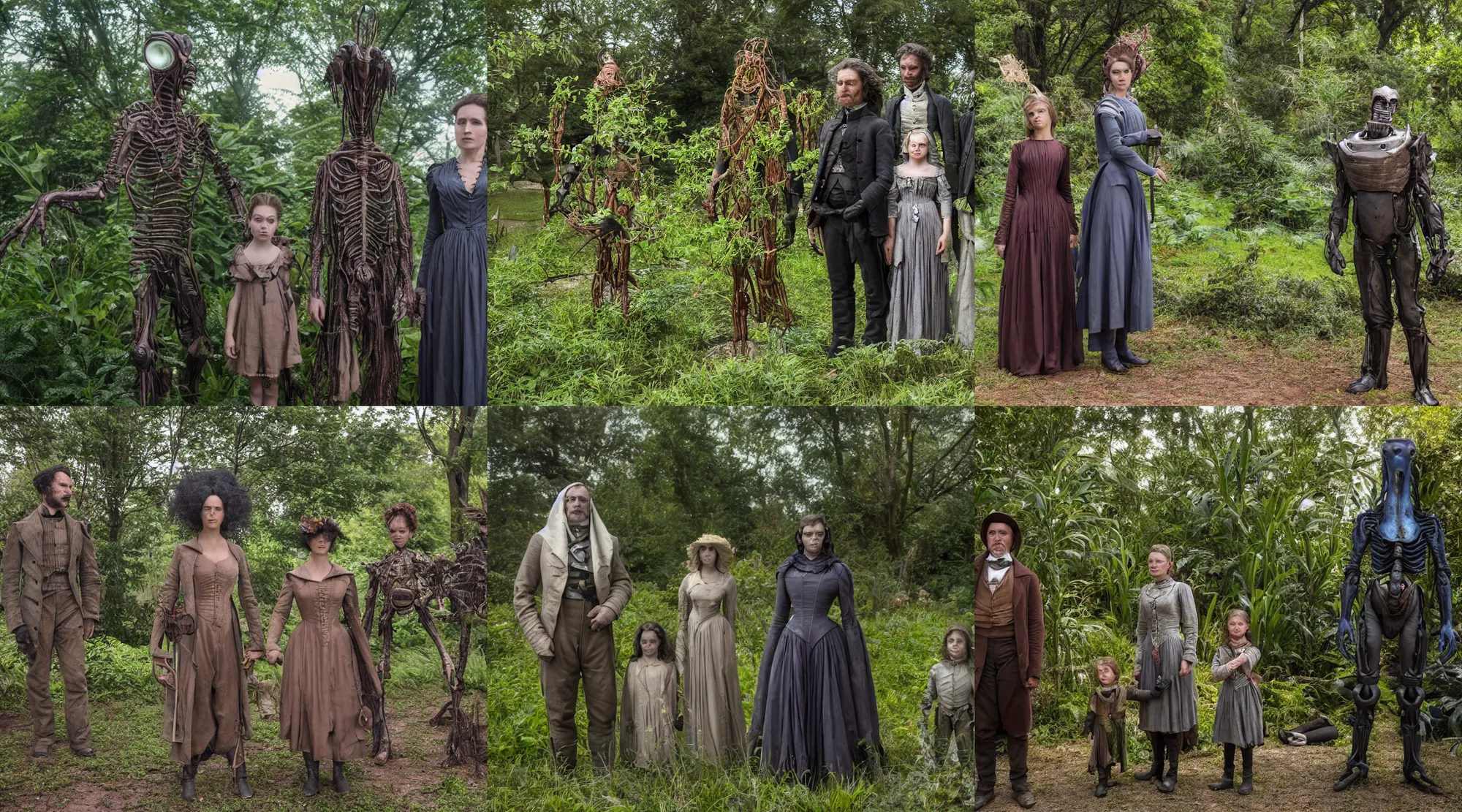 Prompt: still from a sci fi blockbuster movie made in 2022, set in 1860, of a family standing next to some strange wild alien plants wearing 1850s era clothes, a humanoid alien standing nearby, in a park on a strange alien planet, good lighting, 4k, in focus faces, oscar winner, 35mm macro lens