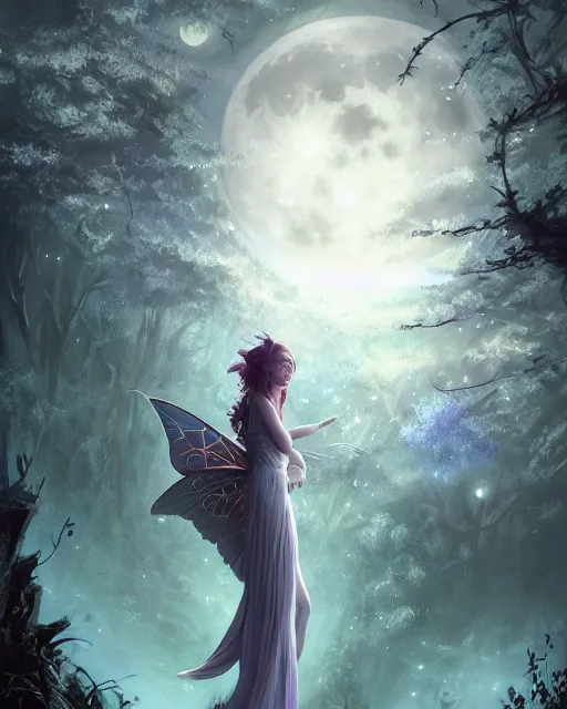 Image similar to attractive fairy goddness fly high in the night, d & d, fantasy, mist, full moon in background, trees, hyper detailed, art by artgerm and greg rutkowski and magali villeneuve, midium shot, 8 k realistic, cryengine, digital painting, trending on artstation, concept art, sharp focus, illustration,