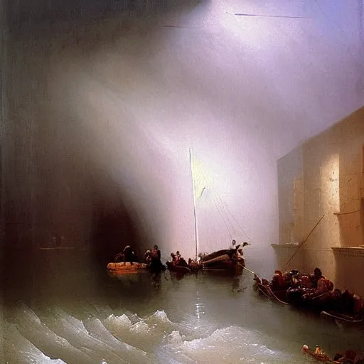 Prompt: basement flooded with water, hyper realistic, oil on canvas, masterpiece painting, very detailed, by aivazovsky