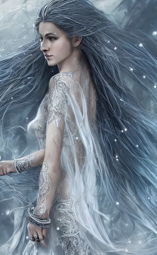 Image similar to an elven woman with long, silver hair cascading down her back. she has delicate, angular features and piercing blue eyes. she's clad in a flowing white dress with intricate silver embroidery, dynamic lighting, photorealistic fantasy concept art, trending on art station, stunning visuals, creative cinematic, ultra detailed