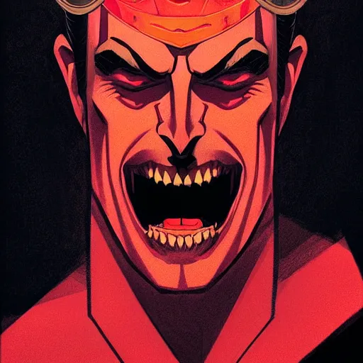 Image similar to handsome vampire king with crown and fangs, symmetrical face, evil, portrait, cinematic, dramatic, powerful, super detailed and intricate, by koson ohara, by darwyn cooke, by greg rutkowski, by satoshi kon