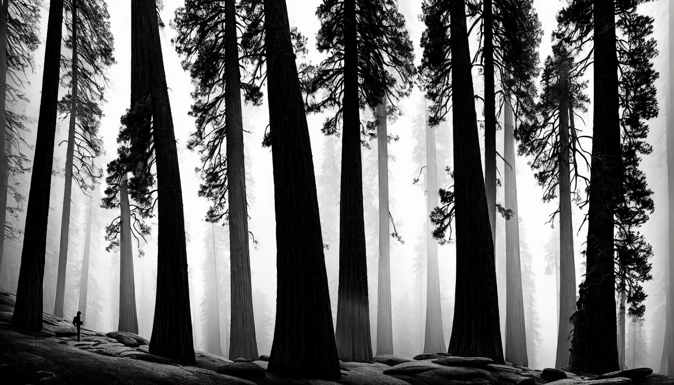 Image similar to hiking past giant sequoias by mads berg, karolis strautniekas, film noir, stippled light, dramatic lighting, editorial illustration, detailed, fine texture, matte print,