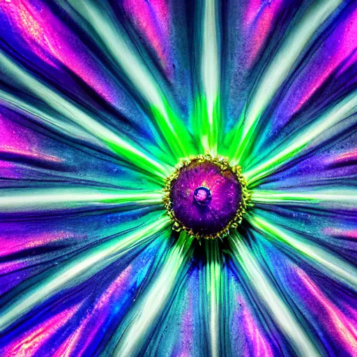 Image similar to An ultra high definition studio photograph of an alien flower in a simple vase on a plinth. The flower is multicoloured iridescent. High contrast, key light, 70mm.