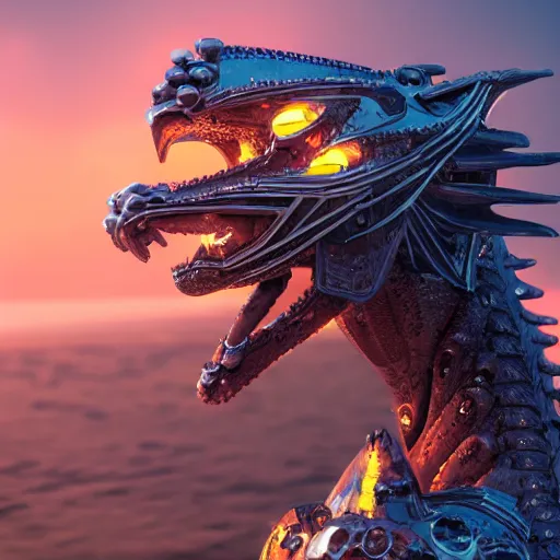 Prompt: a highly detailed close up of a beautiful majestic anthropomorphic robot female dragon, with smooth and streamlined mechanical armor, standing and posing elegantly on a beach, well detailed head with LED eyes, with sharp claws on her hands and feet, two arms, two legs, long tail, artstation, DeviantArt, professional, octane render, sunset lighting