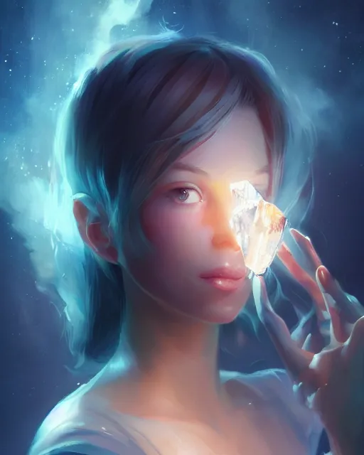 Prompt: a detailed image of an attractive!!!! girl holding a crystal containing all of reality, by greg rutkowski artgerm ross tran ilya kuvshinov. 7 0 mm, volumetric lighting, digital art, subtle and detailed