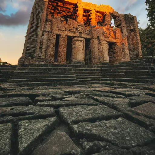 Prompt: a photo of the ruines of a geek temple during sunset on an island, 5 0 mm lens, f 1. 4, sharp focus, ethereal, emotionally evoking, head in focus, volumetric lighting, blur dreamy outdoor,