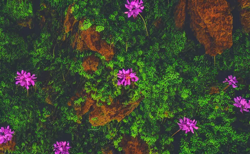 Image similar to a beautiful render of a dark prehistoric rainforest in a humongous cave lush flora patches of sky magenta flowers sunset floating mount