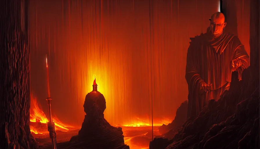 Image similar to a grand inquisitor with a torch behind which is a burning village,, fine details, blood, digital art, volumetric lighting, cinematic light, photorealistic, by dan mumford and zdzisław beksinski, by giger, by caravaggio, 4 k,