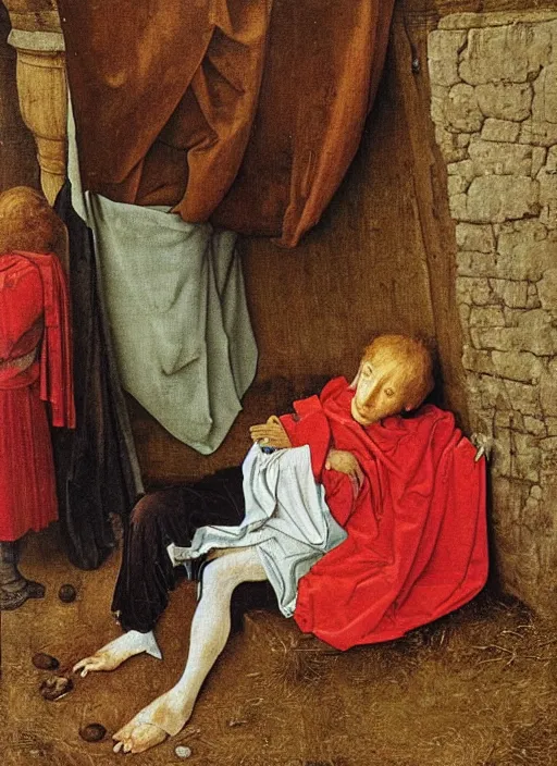 Image similar to Unconscious 10 years old boy dressed in some rags curled up into a ball, he clung to the side of the wagon, medieval painting by Jan van Eyck, Florence