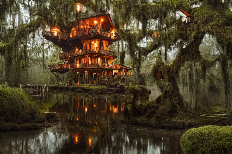 Image similar to an elaborate whimsical treehouse built over a mossy bayou at twilight, lit by lanterns, moody lighting, hyperdetailed photograph