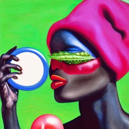 Prompt: beautiful lifelike painting of grace jones feeding her bioenhanced tamagotchi child, hyperreal detailed facial features and uv lighting, art by ed roth and basil wolverton