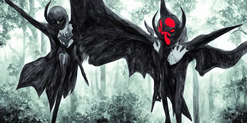 Image similar to Persona 5 Mothman in a forest filled with fog looking back at the viewer, hyper detailed