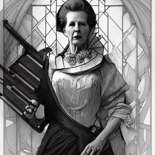 Prompt: beautiful lifelike award winning pencil illustration of margaret thatcher on a guillotine trending on art station artgerm greg rutkowski alphonse mucha museum quality cinematic atmospheric