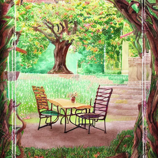 Prompt: delicate portrait, symmetric artwork, chairs, garden, paved, botanic watercolors, iridescent, 8 k, realistic shaded, fine details, artstation, italian, iron gate, tree, mediterranean, marvelous