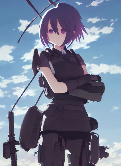 Prompt: homura akemi character, battlefield landscape, illustration concept art anime key visual trending pixiv fanbox by wlop and greg rutkowski and makoto shinkai and studio ghibli and kyoto animation, soldier clothing, cyborg parts, call of duty exoskeleton, grimdark, volumetric lighting, tank turret