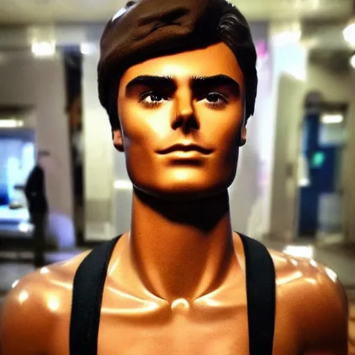 Image similar to “a realistic detailed photo of a guy who is an attractive humanoid who is half robot and half humanoid, who is a male android, Zac Efron, shiny skin, posing like a statue”