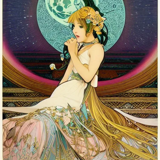 Image similar to Une superbe!! Hatsune Miku, sous la pleine lune,, par Manara et Ryan JiaAlphonse Mucha et Steve McCurry. Très détaillé, peinture à l'huile